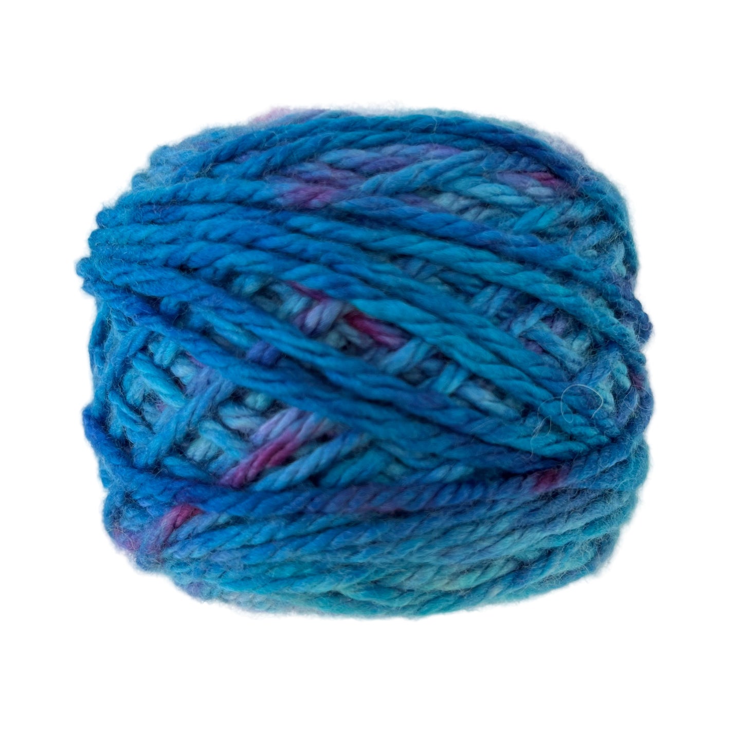 Side view of hand-dyed yarn multicolored blue, light blue, purple, cobalt, orchid.