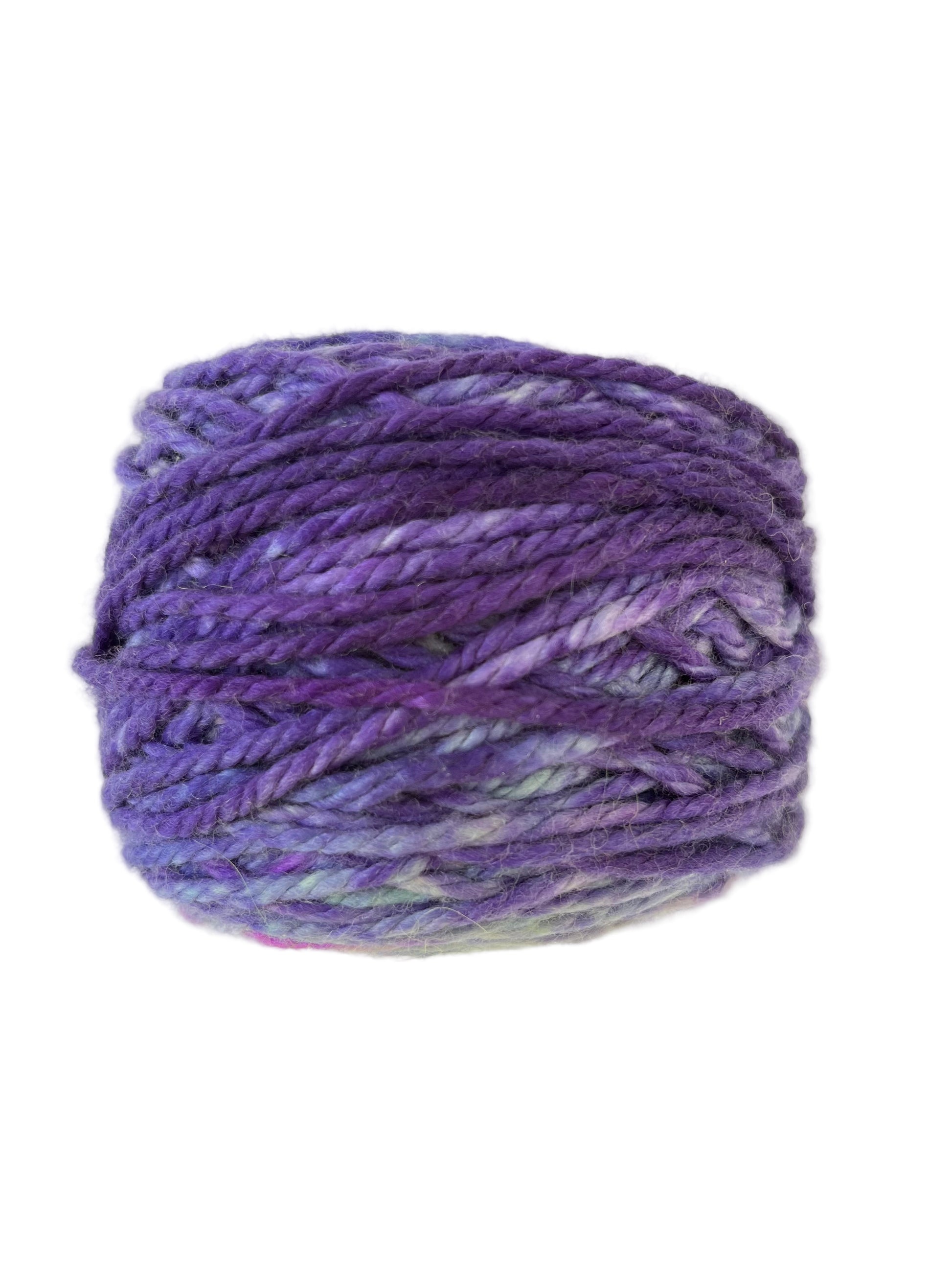 Side view of hand-dyed yarn multicolored electric purple, light blue, lilac, orchid. 