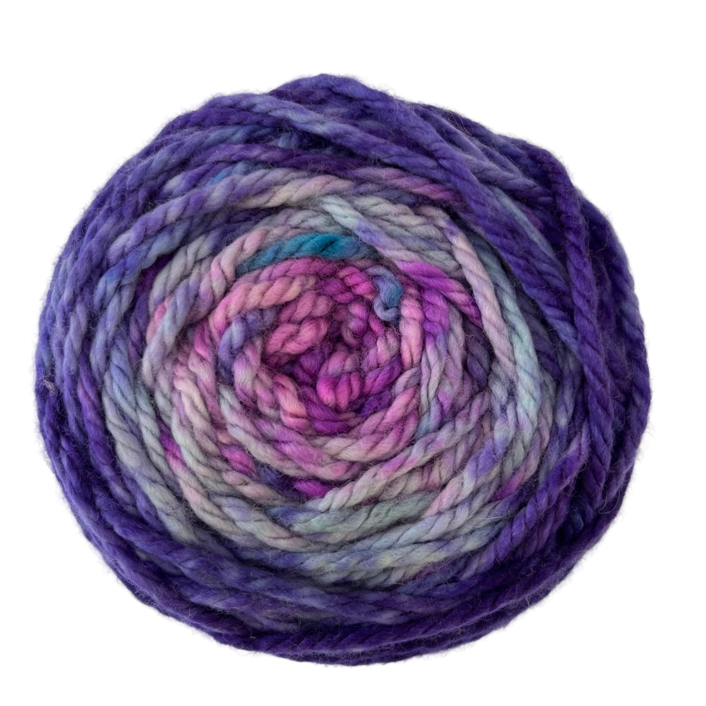 Top view of hand-dyed yarn multicolored electric purple, light blue, lilac, orchid. 