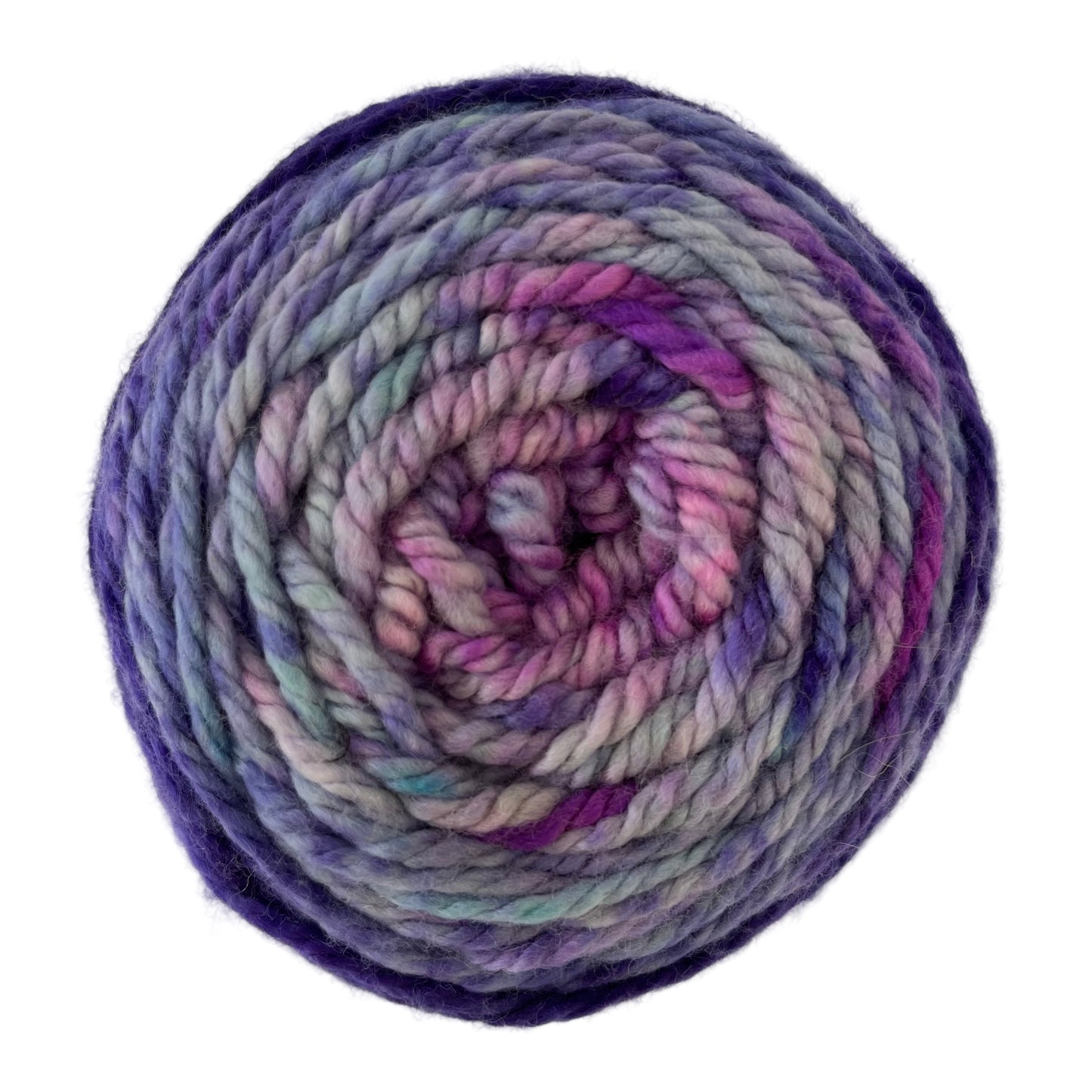 Top view of hand-dyed yarn multicolored electric purple, light blue, lilac, orchid. 