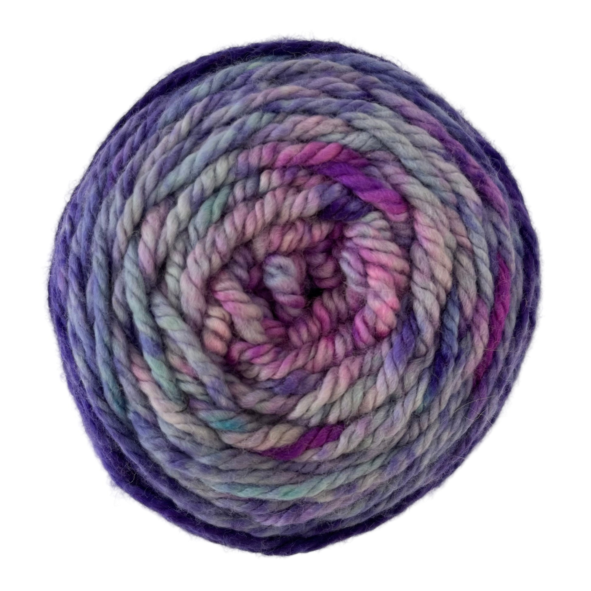 Top view of hand-dyed yarn multicolored electric purple, light blue, lilac, orchid. 