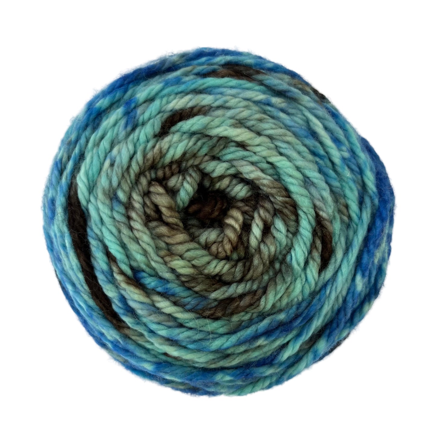 Top view of hand-dyed yarn multicolored blue, light blue, brown. 