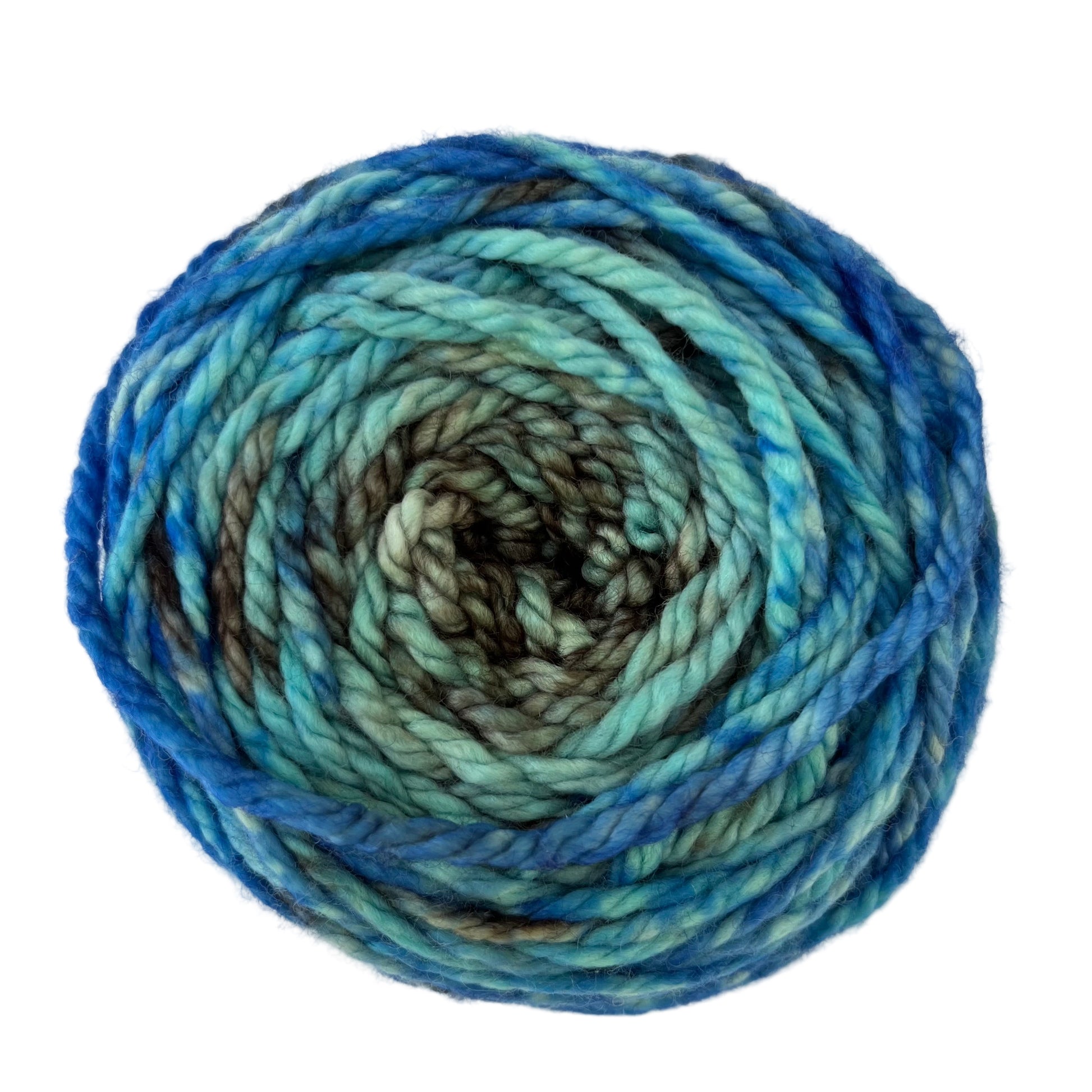 Top view of hand-dyed yarn multicolored blue, light blue, brown. 