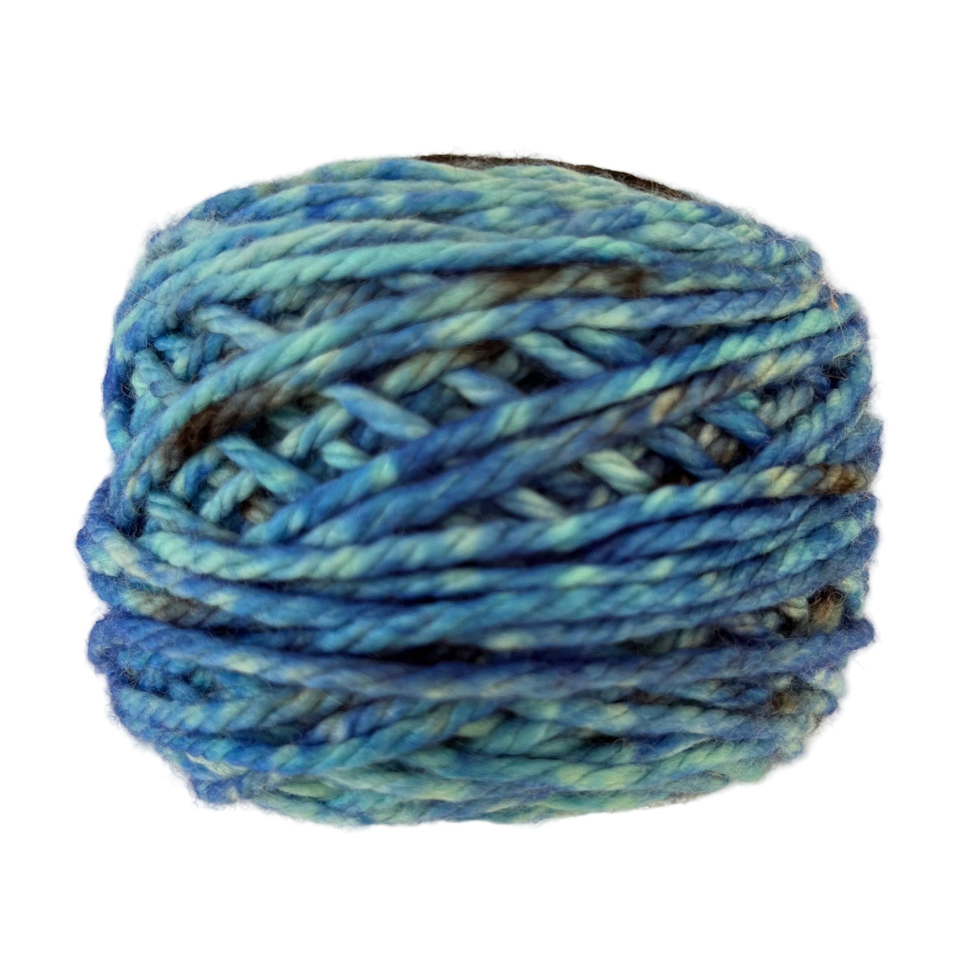 Side view of hand-dyed yarn multicolored blue, light blue, brown. 