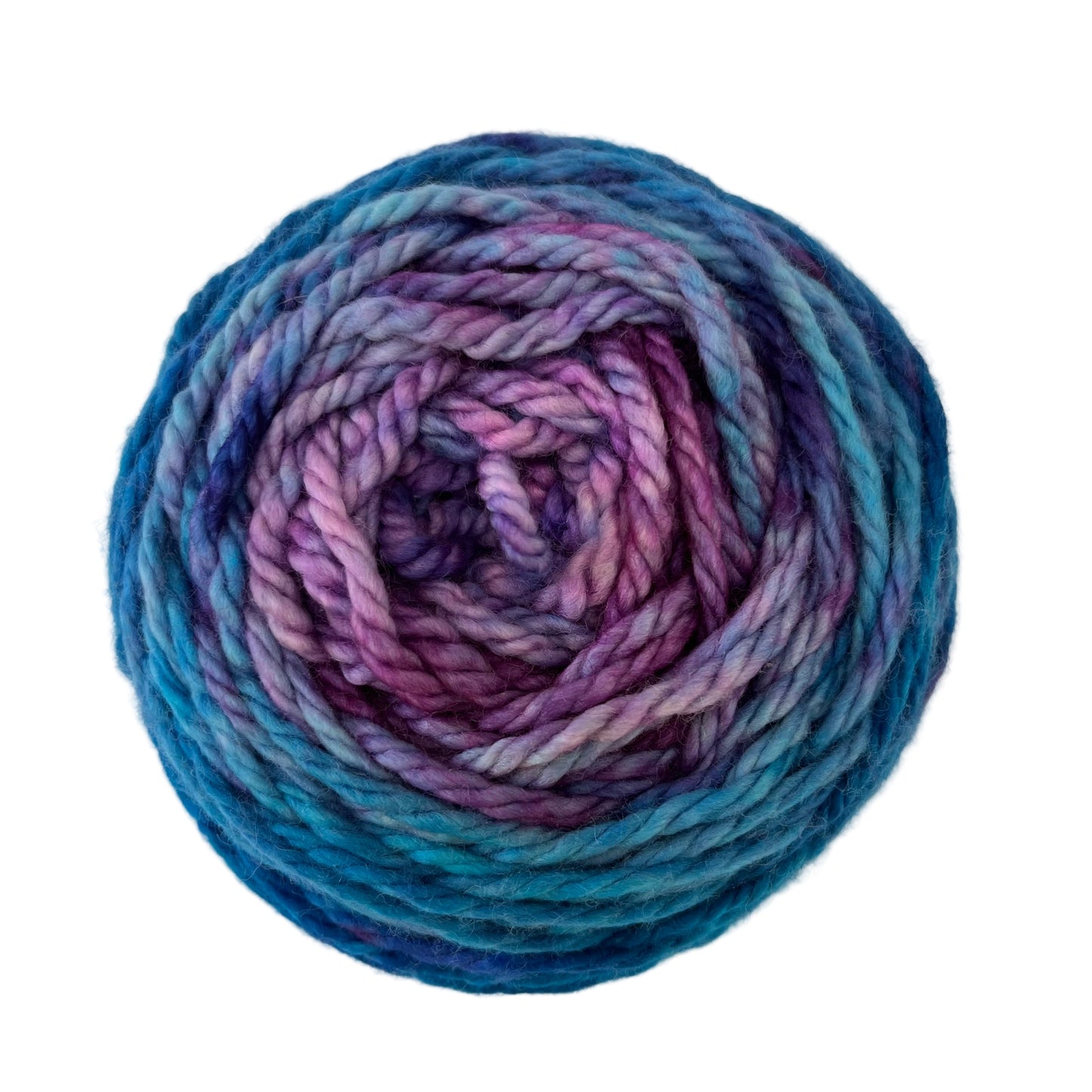 Top view of hand-dyed yarn multicolored blue, light blue, purple, cobalt, orchid. 