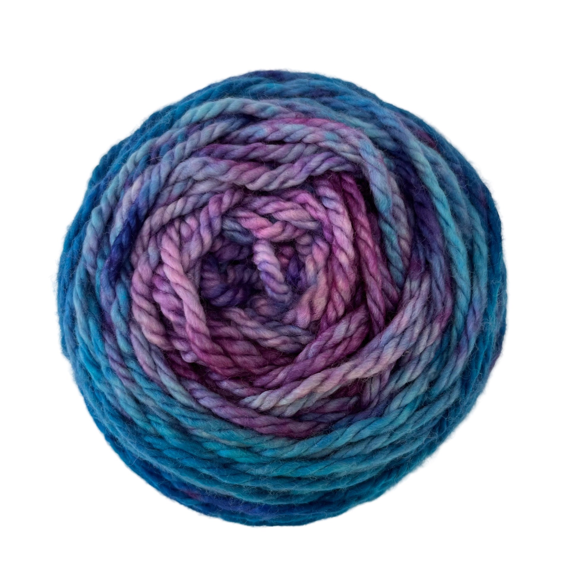 Top view of hand-dyed yarn multicolored blue, light blue, purple, cobalt, orchid. 