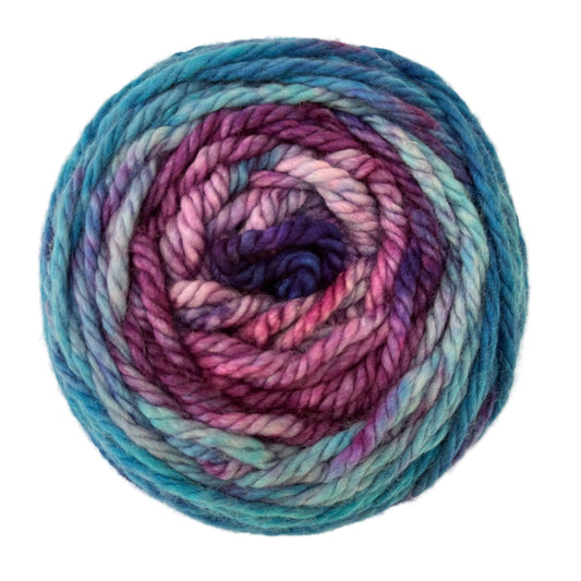 Top view of hand-dyed yarn multicolored blue, light blue, purple, cobalt, orchid. 